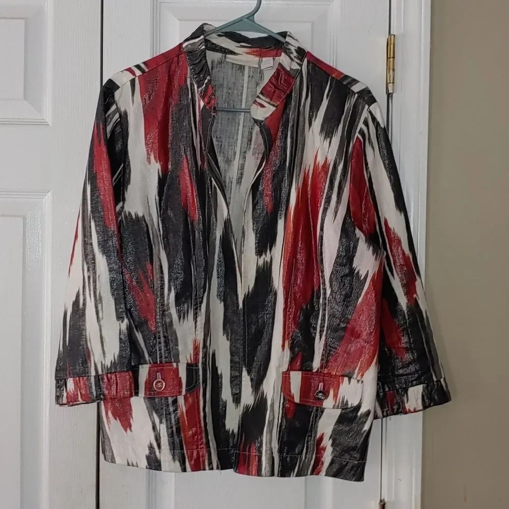 Chico's Linen blend red black white open front blazer jacket Sz 3 XLarge